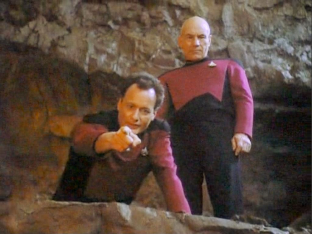 Q and captain Picard witnessing the birth of life on Earth, final season and final episode of Star Trek: The Next Generation, episode "All good things".